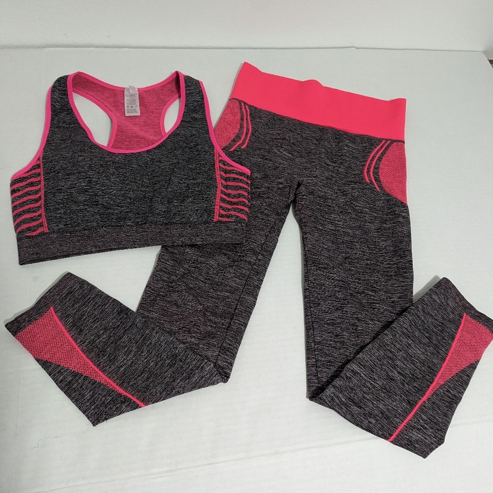 New Mix Gray Pink Athletic Wear Yoga Leggings Sports Bra Set Women's Size Small